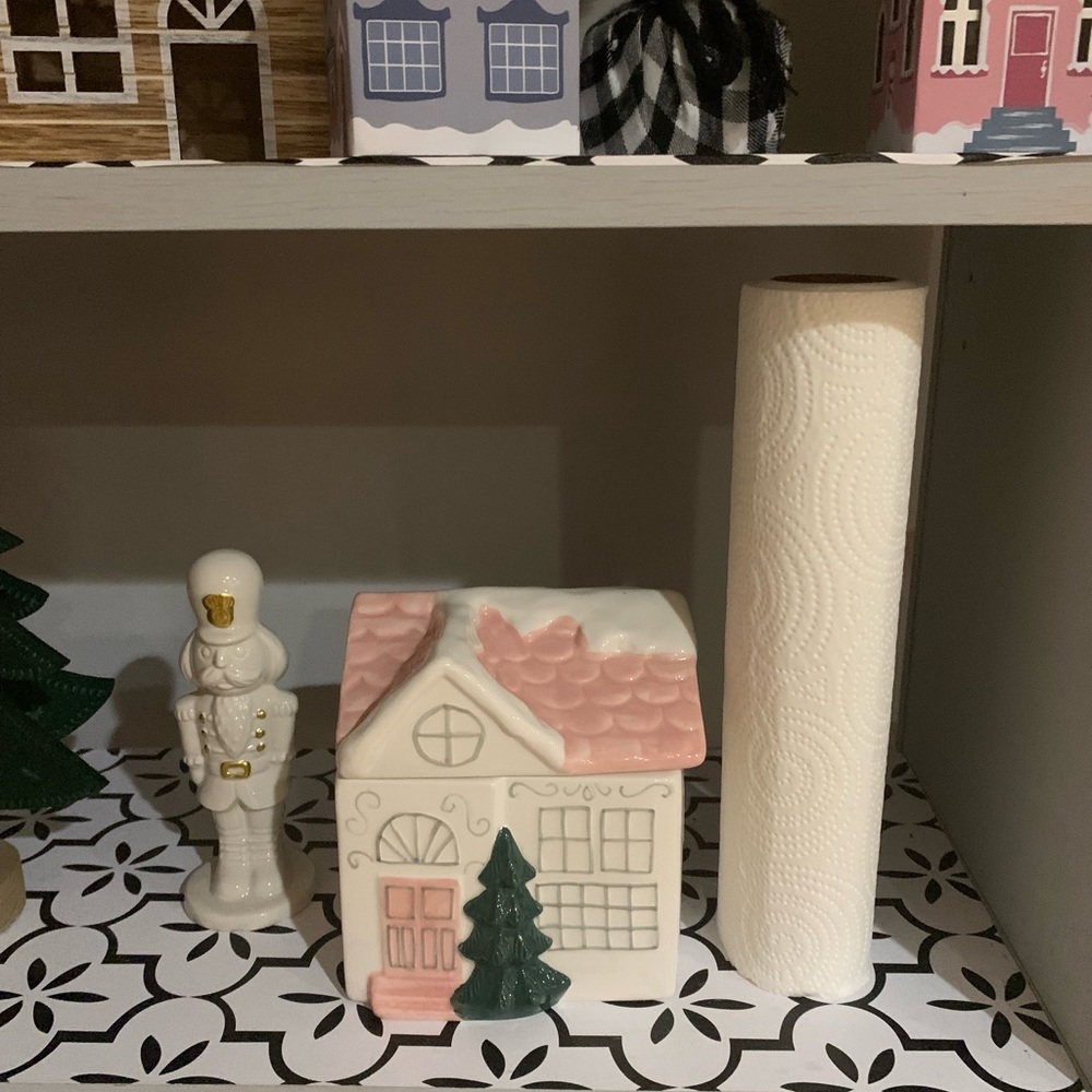 Peppermint and pine pastel pink and white ceramic Christmas cookie jar house
